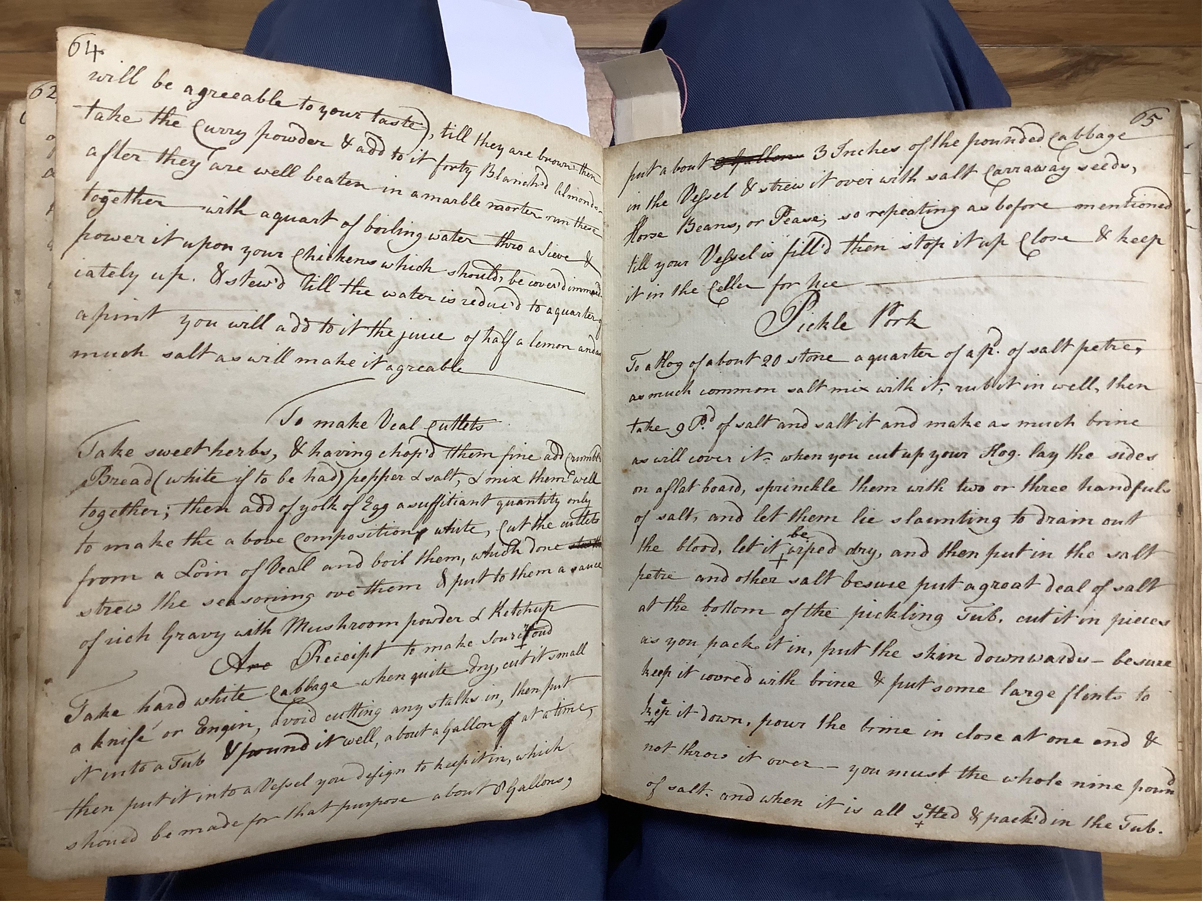 An 18th century hand inscribed book of recipes for M. Tennant. Condition - fair